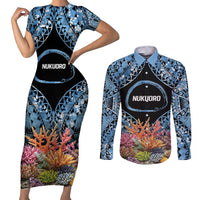 Personalised Nukuoro Micronesia Atoll Couples Matching Short Sleeve Bodycon Dress and Long Sleeve Button Shirt with Pacific Coral Reef
