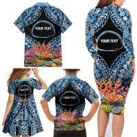 Personalised Nukuoro Micronesia Atoll Family Matching Long Sleeve Bodycon Dress and Hawaiian Shirt with Pacific Coral Reef