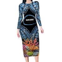 Personalised Nukuoro Micronesia Atoll Family Matching Long Sleeve Bodycon Dress and Hawaiian Shirt with Pacific Coral Reef