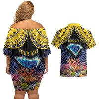 Tokelau Atafu Atoll Personalised Couples Matching Off Shoulder Short Dress and Hawaiian Shirt Pacific Coral Reef Vibe