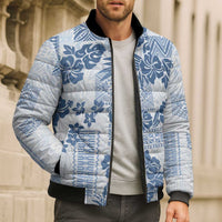 Vintage Hawaii Bomber Puffer Jacket Hibiscus Tapa Tribal With Hawaiian Quilt Pattern Blue - Polynesian Pride