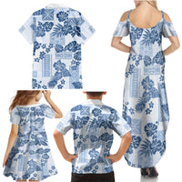 Vintage Hawaii Family Matching Summer Maxi Dress and Hawaiian Shirt Hibiscus Tapa Tribal With Hawaiian Quilt Pattern Blue LT9 - Polynesian Pride