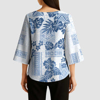 Vintage Hawaii Kimono Sleeve Blouse Hibiscus Tapa Tribal With Hawaiian Quilt Pattern Blue - Polynesian Pride