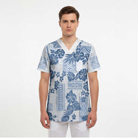 Vintage Hawaii Scrub Top Hibiscus Tapa Tribal With Hawaiian Quilt Pattern Blue - Polynesian Pride