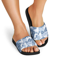 Vintage Hawaii Slide Sandals Hibiscus Tapa Tribal With Hawaiian Quilt Pattern Blue - Polynesian Pride