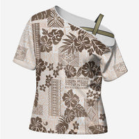 Vintage Hawaii Cross Shoulder Shirt Hibiscus Tapa Tribal With Hawaiian Quilt Pattern Gold - Polynesian Pride