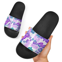 Vintage Hawaii Slide Sandals Hibiscus Tapa Tribal With Hawaiian Quilt Pattern Purple - Polynesian Pride
