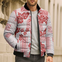 Vintage Hawaii Bomber Puffer Jacket Hibiscus Tapa Tribal With Hawaiian Quilt Pattern Red - Polynesian Pride