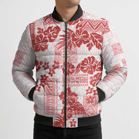 Vintage Hawaii Bomber Puffer Jacket Hibiscus Tapa Tribal With Hawaiian Quilt Pattern Red - Polynesian Pride