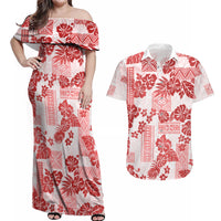 Vintage Hawaii Couples Matching Off Shoulder Maxi Dress and Hawaiian Shirt Hibiscus Tapa Tribal With Hawaiian Quilt Pattern Red LT9 Red - Polynesian Pride