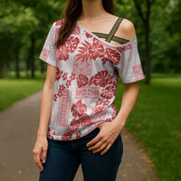 Vintage Hawaii Cross Shoulder Shirt Hibiscus Tapa Tribal With Hawaiian Quilt Pattern Red - undefined