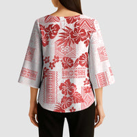 Vintage Hawaii Kimono Sleeve Blouse Hibiscus Tapa Tribal With Hawaiian Quilt Pattern Red - Polynesian Pride