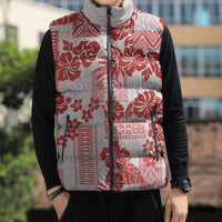 Vintage Hawaii Sleeveless Puffer Jacket Hibiscus Tapa Tribal With Hawaiian Quilt Pattern Red - Polynesian Pride