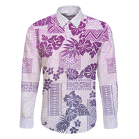 Vintage Hawaii Family Matching Long Sleeve Bodycon Dress and Hawaiian Shirt Hibiscus Tapa Tribal With Hawaiian Quilt Pattern Violet LT9 Dad's Shirt - Long Sleeve Violet - Polynesian Pride
