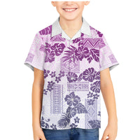 Vintage Hawaii Family Matching Mermaid Dress and Hawaiian Shirt Hibiscus Tapa Tribal With Hawaiian Quilt Pattern Violet LT9 Son's Shirt Violet - Polynesian Pride