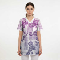 Vintage Hawaii Scrub Top Hibiscus Tapa Tribal With Hawaiian Quilt Pattern Violet - Polynesian Pride