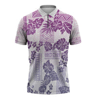 Vintage Hawaii Zipper Polo Shirt Hibiscus Tapa Tribal With Hawaiian Quilt Pattern Violet - Polynesian Pride