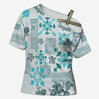 Hawaii Tapa Tribal Cross Shoulder Shirt With Hawaiian Quilt Pattern Aqua - Polynesian Pride