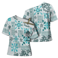 Hawaii Tapa Tribal Cross Shoulder Shirt With Hawaiian Quilt Pattern Aqua - Polynesian Pride