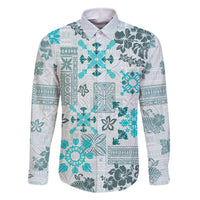 Hawaii Tapa Tribal Family Matching Summer Maxi Dress and Hawaiian Shirt With Hawaiian Quilt Pattern Aqua LT9 Dad's Shirt - Long Sleeve Aqua - Polynesian Pride