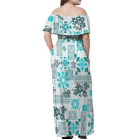 Hawaii Tapa Tribal Off Shoulder Maxi Dress With Hawaiian Quilt Pattern Aqua LT9 - Polynesian Pride