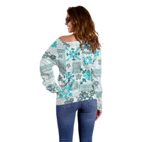 Hawaii Tapa Tribal Off Shoulder Sweater With Hawaiian Quilt Pattern Aqua LT9 - Polynesian Pride