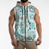 Hawaii Tapa Tribal Sleeveless Zip Hoodie With Hawaiian Quilt Pattern Aqua - Polynesian Pride