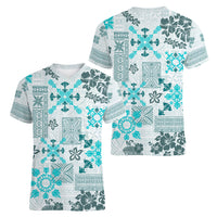 Hawaii Tapa Tribal Women V Neck T Shirt With Hawaiian Quilt Pattern Aqua LT9 - Polynesian Pride