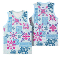 Hawaii Tapa Tribal Basketball Jersey With Hawaiian Quilt Pattern Blue - Polynesian Pride