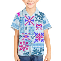 Hawaii Tapa Tribal Family Matching Puletasi Dress and Hawaiian Shirt With Hawaiian Quilt Pattern Blue LT9 Son's Shirt Blue - Polynesian Pride