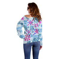 Hawaii Tapa Tribal Off Shoulder Sweater With Hawaiian Quilt Pattern Blue LT9 - Polynesian Pride