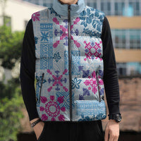 Hawaii Tapa Tribal Sleeveless Puffer Jacket With Hawaiian Quilt Pattern Blue - Polynesian Pride