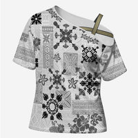 Hawaii Tapa Tribal Cross Shoulder Shirt With Hawaiian Quilt Pattern Black - Polynesian Pride