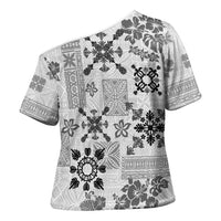 Hawaii Tapa Tribal Cross Shoulder Shirt With Hawaiian Quilt Pattern Black - Polynesian Pride