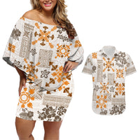 Hawaii Tapa Tribal Couples Matching Off Shoulder Short Dress and Hawaiian Shirt With Hawaiian Quilt Pattern Gold LT9 Gold - Polynesian Pride