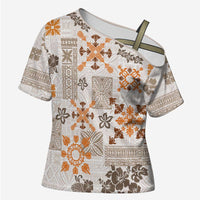 Hawaii Tapa Tribal Cross Shoulder Shirt With Hawaiian Quilt Pattern Gold - Polynesian Pride