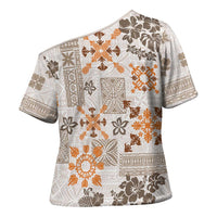 Hawaii Tapa Tribal Cross Shoulder Shirt With Hawaiian Quilt Pattern Gold - Polynesian Pride