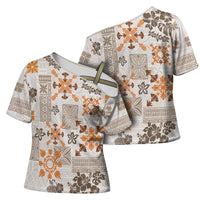Hawaii Tapa Tribal Cross Shoulder Shirt With Hawaiian Quilt Pattern Gold - Polynesian Pride