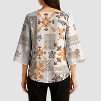 Hawaii Tapa Tribal Kimono Sleeve Blouse With Hawaiian Quilt Pattern Gold - Polynesian Pride