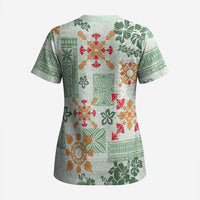 Hawaii Tapa Tribal Scrub Top With Hawaiian Quilt Pattern Green - Polynesian Pride