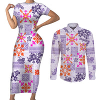 Hawaii Tapa Tribal Couples Matching Short Sleeve Bodycon Dress and Long Sleeve Button Shirt With Hawaiian Quilt Pattern Violet LT9 Violet - Polynesian Pride