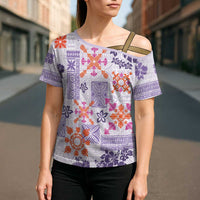 Hawaii Tapa Tribal Cross Shoulder Shirt With Hawaiian Quilt Pattern Violet LT9 - Polynesian Pride