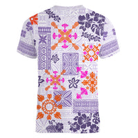 Hawaii Tapa Tribal Women V Neck T Shirt With Hawaiian Quilt Pattern Violet LT9 - Polynesian Pride