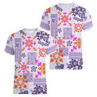 Hawaii Tapa Tribal Women V Neck T Shirt With Hawaiian Quilt Pattern Violet LT9 - Polynesian Pride