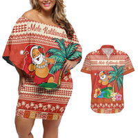 Hawaii Mele Kalikimaka Couples Matching Off Shoulder Short Dress and Hawaiian Shirt Surfing Santa Funny Christmas
