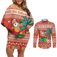 Hawaii Mele Kalikimaka Couples Matching Off Shoulder Short Dress and Long Sleeve Button Shirt Surfing Santa Funny Christmas