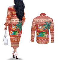 Hawaii Mele Kalikimaka Couples Matching Off The Shoulder Long Sleeve Dress and Long Sleeve Button Shirt Surfing Santa Funny Christmas