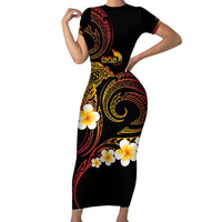 Personalised Papua New Guinea Sepik Family Matching Short Sleeve Bodycon Dress and Hawaiian Shirt Plumeria Floral Tribal Pattern LT9 Mom's Dress Black - Polynesian Pride