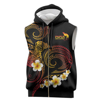 Personalised Papua New Guinea Sepik Sleeveless Zip Hoodie Plumeria Floral Tribal Pattern LT9 Black - Polynesian Pride