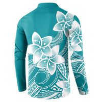 Polynesian Plumeria Flowers Tribal Button Sweatshirt Pacific Tattoo Teal Style - Polynesian Pride
